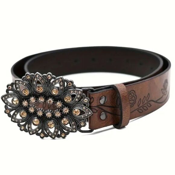 Brown Floral Embossed Vegan Leather Belt with Ornate Buckle Rodeo Style - Picture 8 of 8